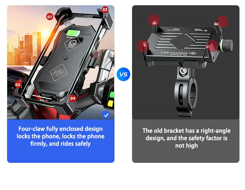2022 Upgraded Motorcycle Phone Holder 15W Wireless Charger USB QC3.0 Fast Charging Bike Smartphone Stand 360 Cellphone Support