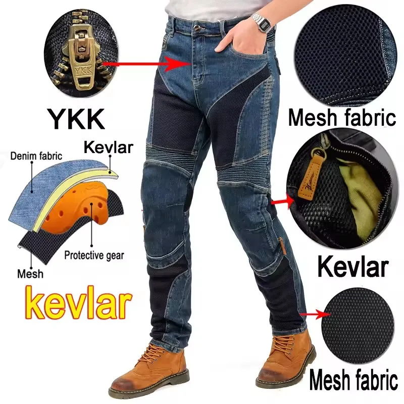 Kevlar Motorcycle Jeans Men Summer Riding Pants Blue Dirt Bike Trousers Abrasion Resistant Mesh Ventilation Durable