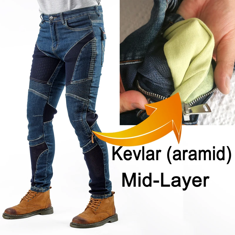 Kevlar Motorcycle Jeans Men Summer Riding Pants Blue Dirt Bike Trousers Abrasion Resistant Mesh Ventilation Durable