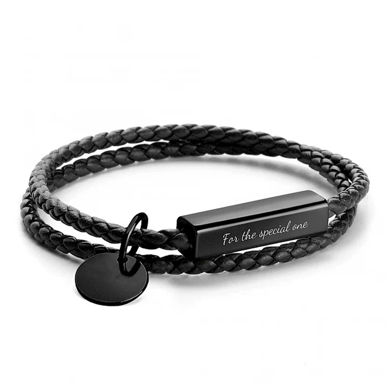Personalized Anniversary Gift Stainless Steel Engraved Genuine Leather Bracelet lovers Gift Bracelet