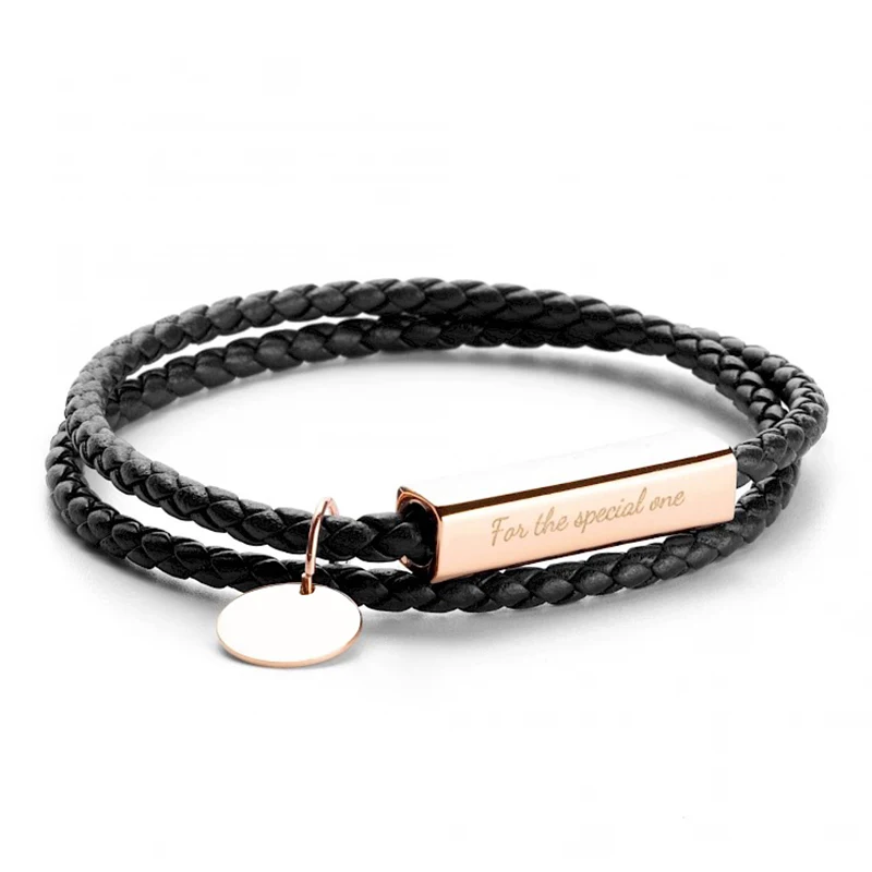Personalized Anniversary Gift Stainless Steel Engraved Genuine Leather Bracelet lovers Gift Bracelet