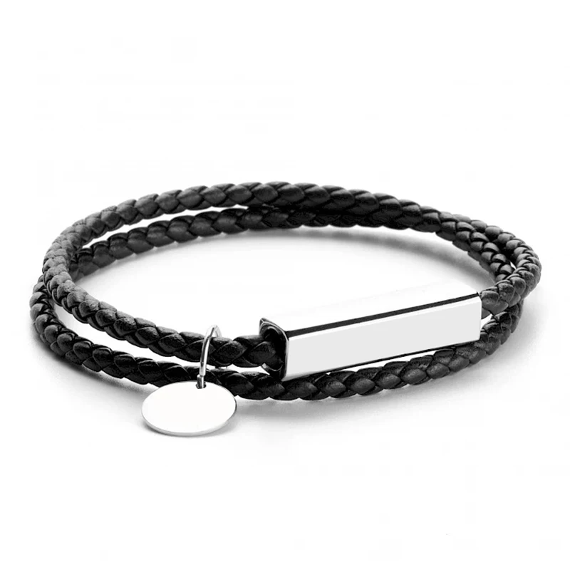 Personalized Anniversary Gift Stainless Steel Engraved Genuine Leather Bracelet lovers Gift Bracelet