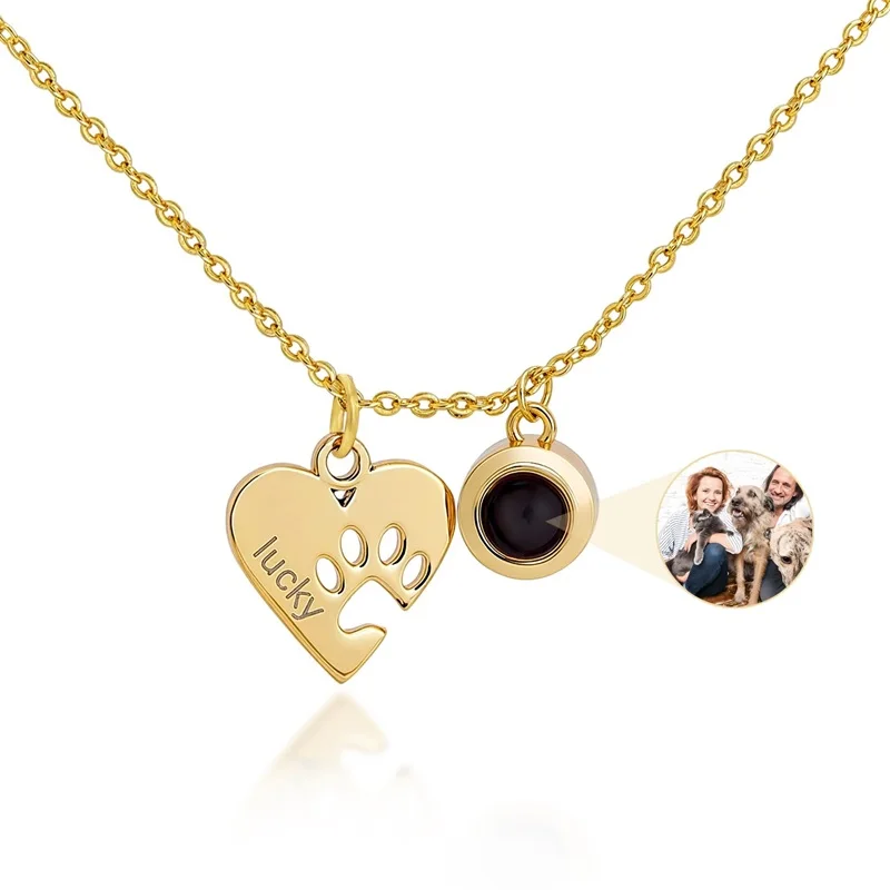 Personalized Engraved Name Picture Necklace Custom Photo Projection Necklaces Dog Cat Paw Necklace Memorial Gifts for Pet Lover