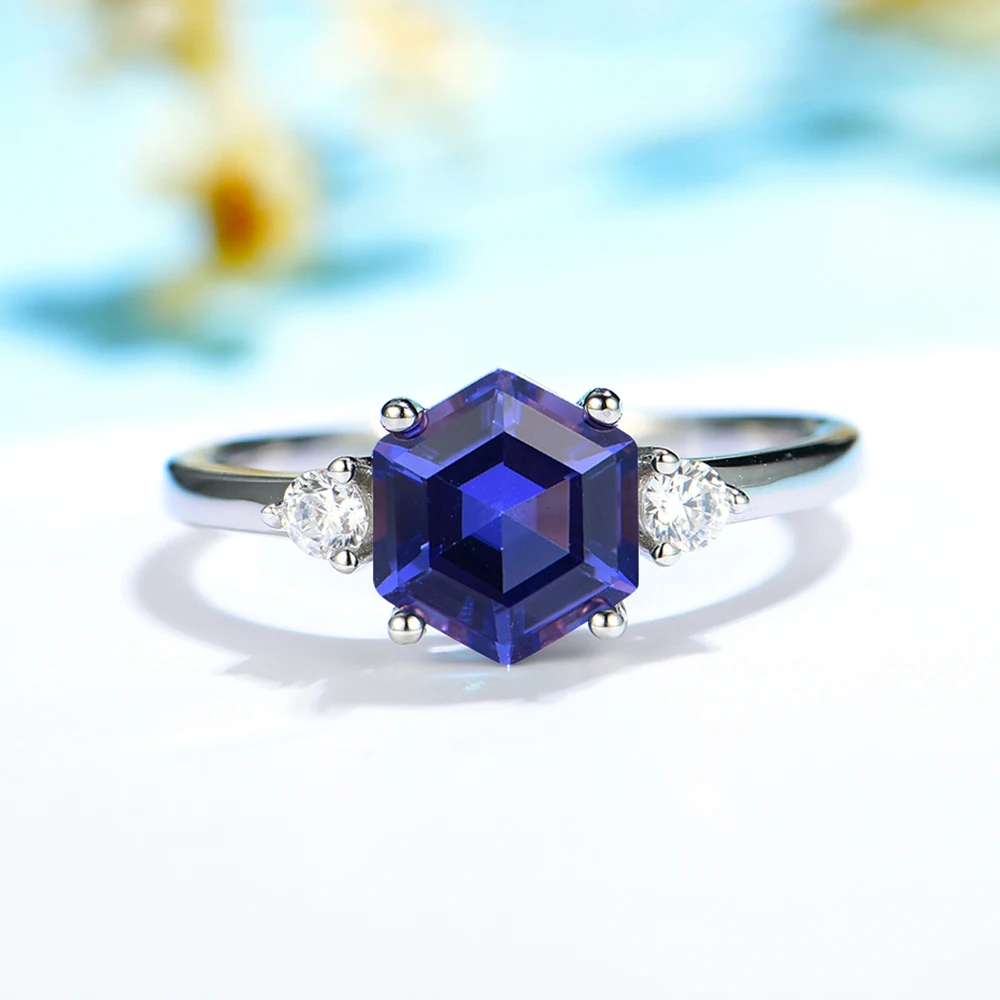 Luxyimagic Hexagon London Blue Topaz Gemstone Ring for Women Soid 925 Sterling Silver Tanzanite Morganite Jewelry for Engagement