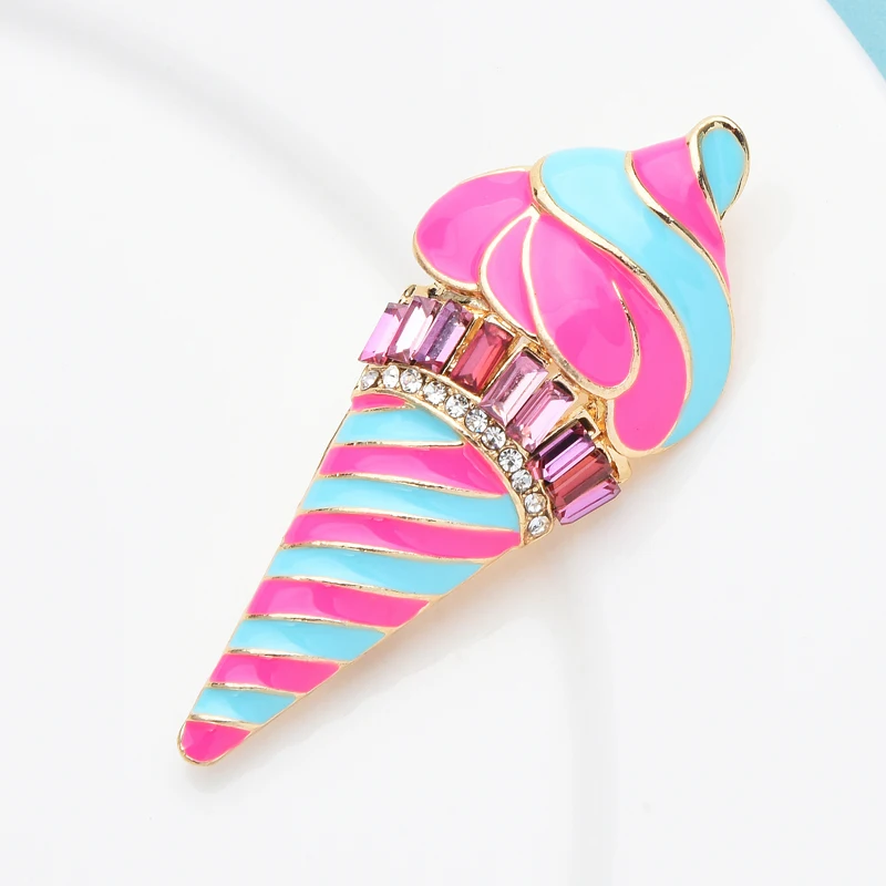 Wuli&baby Pink Stripe Enamel Icecream Brooch Pins Pin Crystal Cute Brooches Women New Year Jewelry Gift