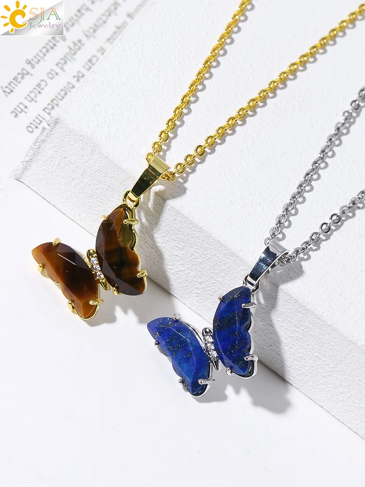 Rock Crystal Necklace Butterfly Necklaces Natural Stone Amethysts Clear Quartz Tiger Eye Pendants Stainless Steel Chain H158