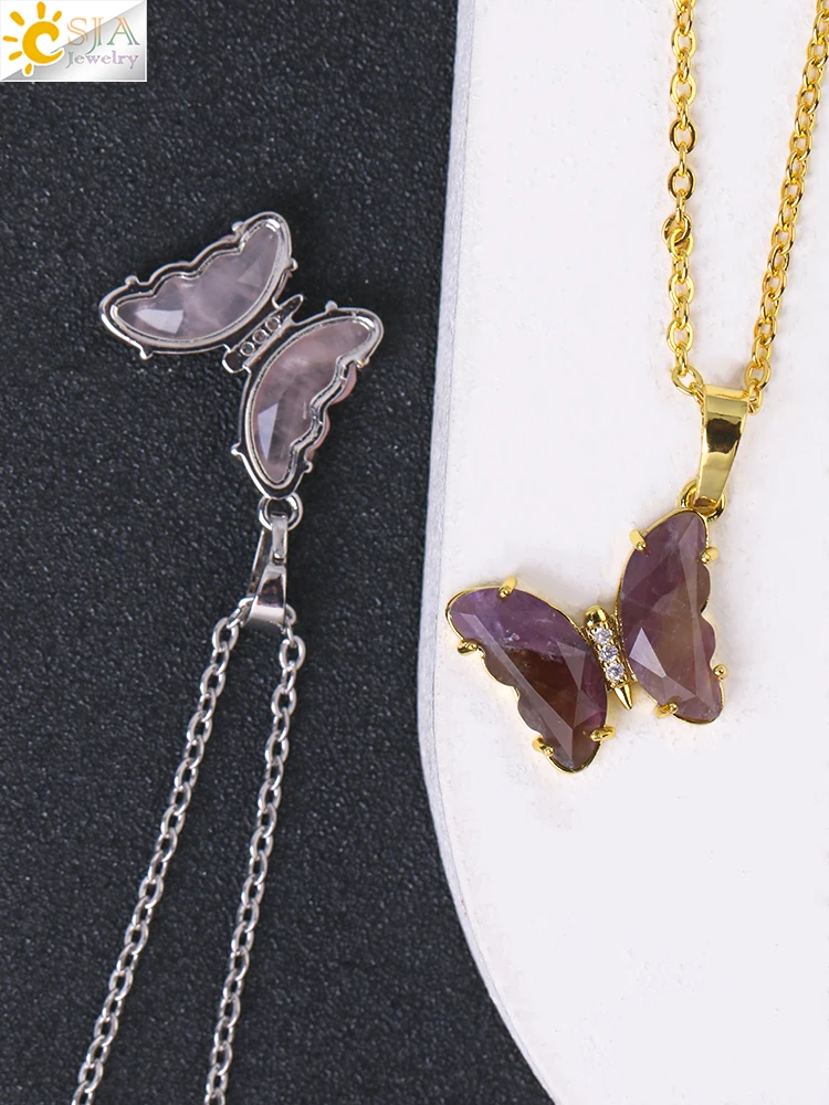 Rock Crystal Necklace Butterfly Necklaces Natural Stone Amethysts Clear Quartz Tiger Eye Pendants Stainless Steel Chain H158