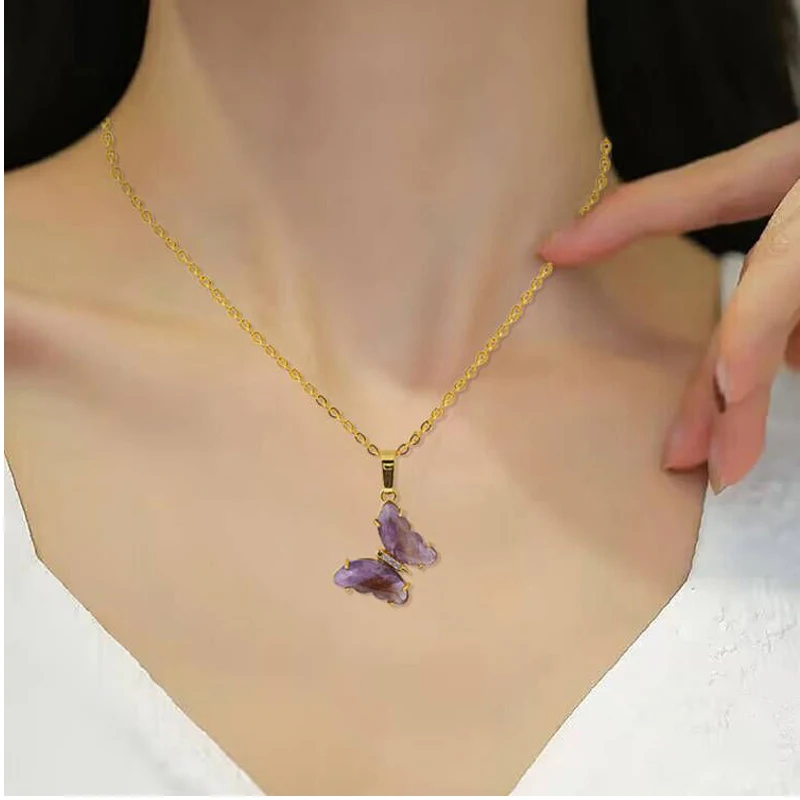 Rock Crystal Necklace Butterfly Necklaces Natural Stone Amethysts Clear Quartz Tiger Eye Pendants Stainless Steel Chain H158
