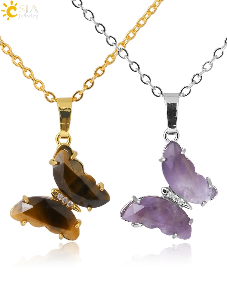 Rock Crystal Necklace Butterfly Necklaces Natural Stone Amethysts Clear Quartz Tiger Eye Pendants Stainless Steel Chain H158