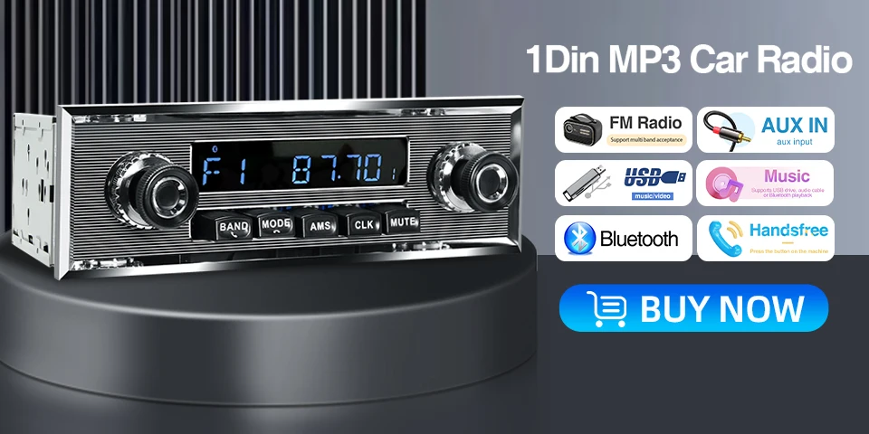 Retro Car Radio for Ford Bronco F-Series Mustang Galaxie Ranchero Multimedia Player FM AM RDS Bluetooth AUX USB 12V MP3 Stereo