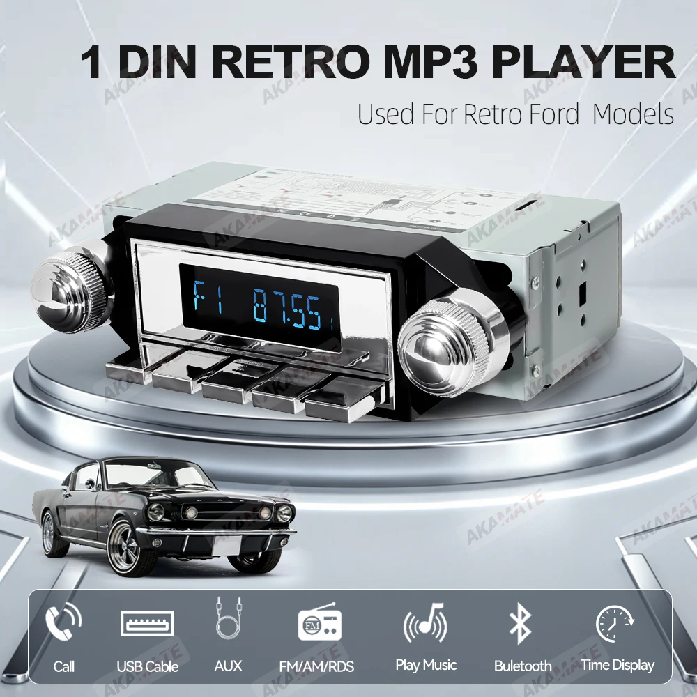 Retro Car Radio for Ford Bronco F-Series Mustang Galaxie Ranchero Multimedia Player FM AM RDS Bluetooth AUX USB 12V MP3 Stereo