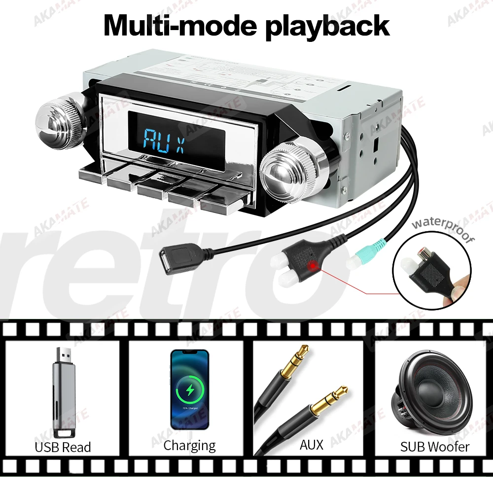 Retro Car Radio for Ford Bronco F-Series Mustang Galaxie Ranchero Multimedia Player FM AM RDS Bluetooth AUX USB 12V MP3 Stereo