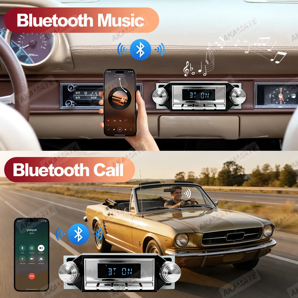 Retro Car Radio for Ford Bronco F-Series Mustang Galaxie Ranchero Multimedia Player FM AM RDS Bluetooth AUX USB 12V MP3 Stereo