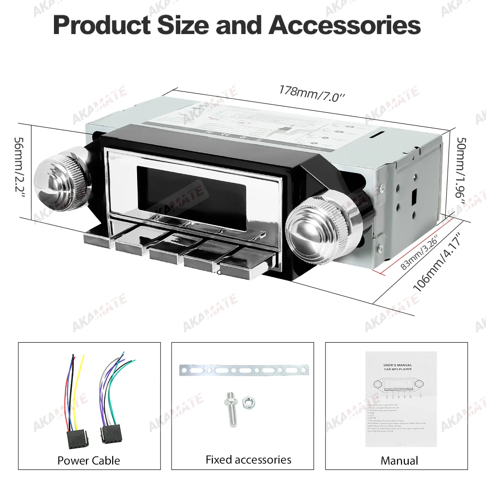 Retro Car Radio for Ford Bronco F-Series Mustang Galaxie Ranchero Multimedia Player FM AM RDS Bluetooth AUX USB 12V MP3 Stereo