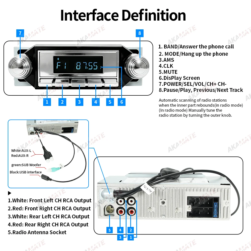 Retro Car Radio for Ford Bronco F-Series Mustang Galaxie Ranchero Multimedia Player FM AM RDS Bluetooth AUX USB 12V MP3 Stereo