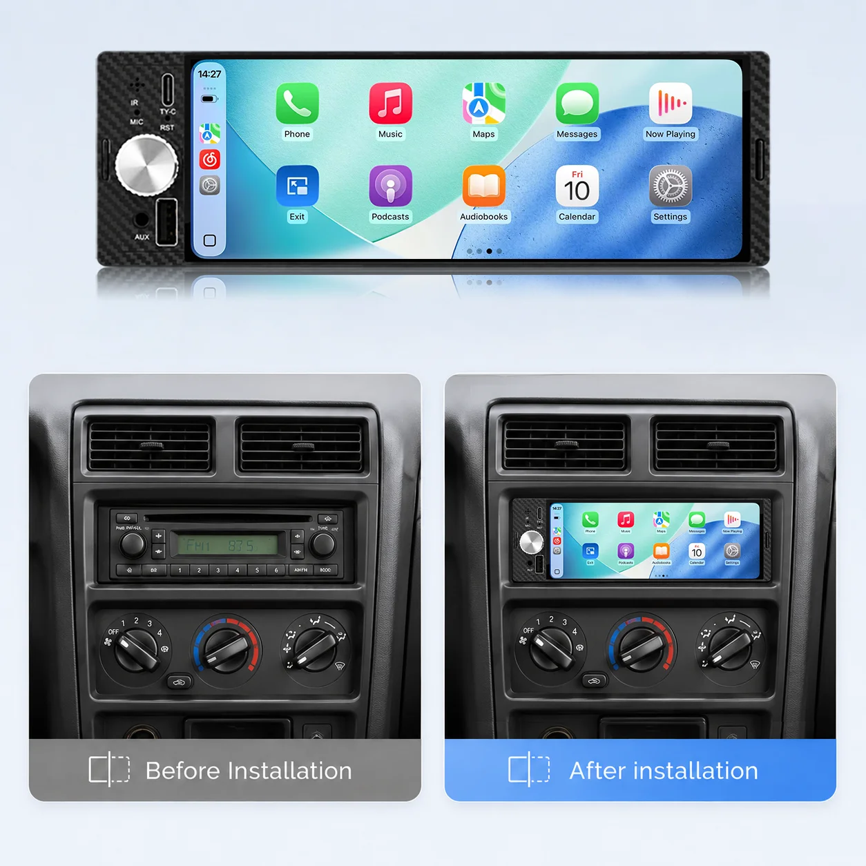 6.36 Inch 1Din Car Stereo Radio Wireless CarPlay Android Auto MP5 Player 1280x480 Touch Screen FM Multimedia Receiver