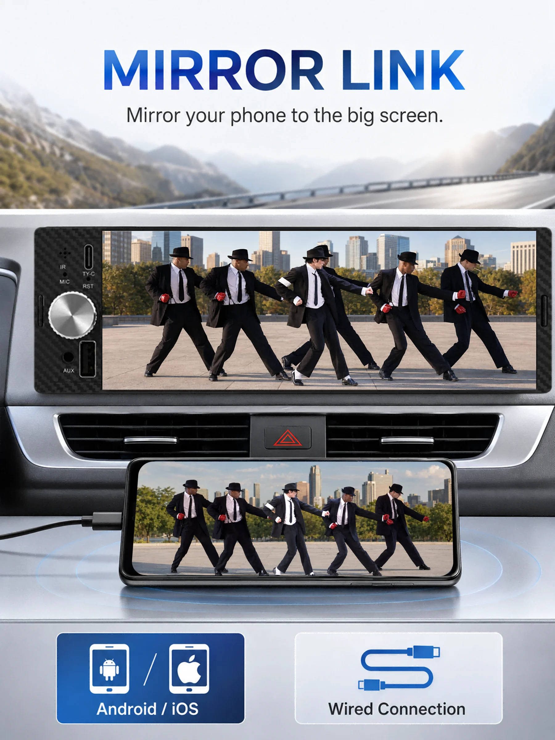 6.36 Inch 1Din Car Stereo Radio Wireless CarPlay Android Auto MP5 Player 1280x480 Touch Screen FM Multimedia Receiver