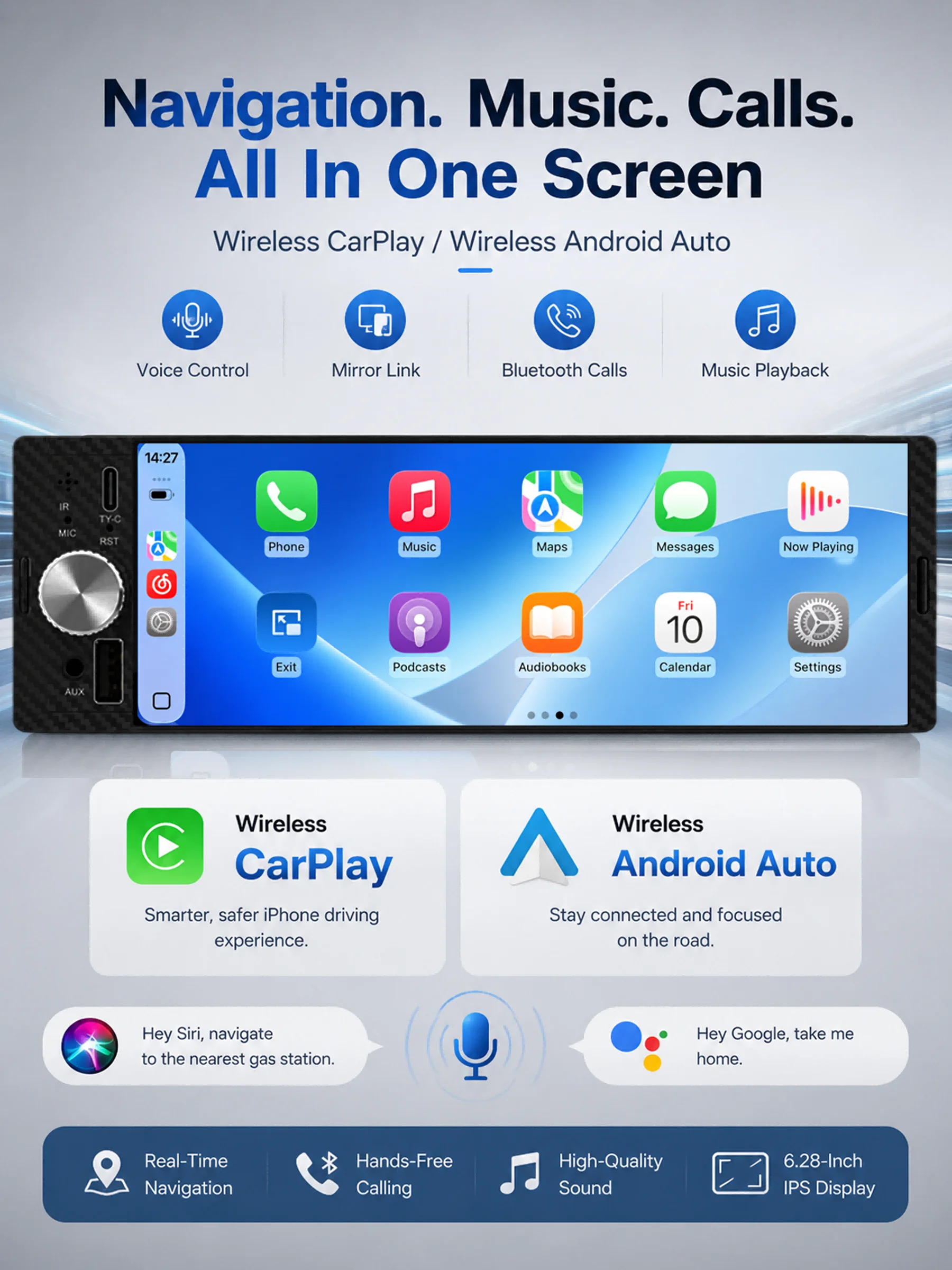 6.36 Inch 1Din Car Stereo Radio Wireless CarPlay Android Auto MP5 Player 1280x480 Touch Screen FM Multimedia Receiver