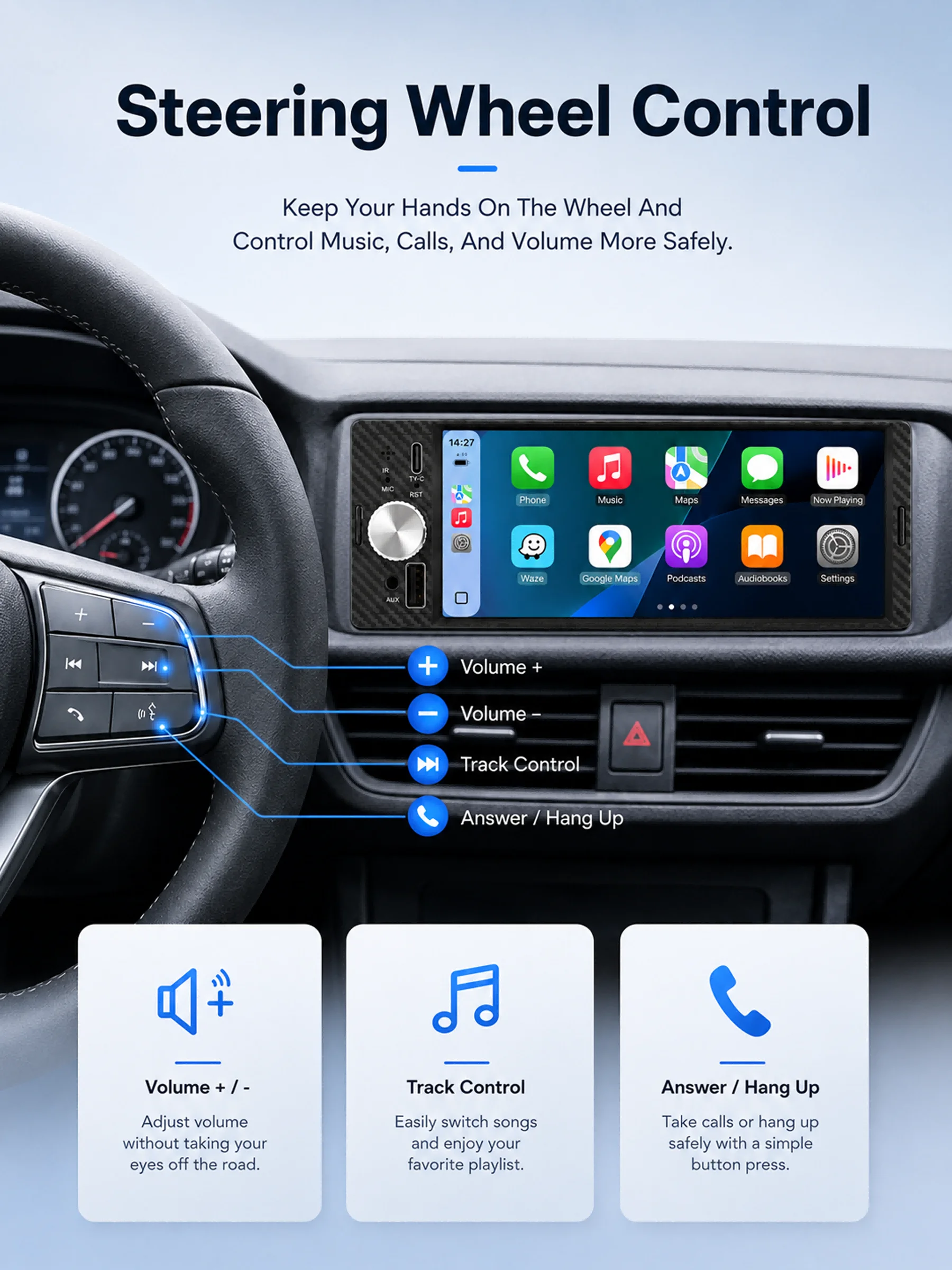 6.36 Inch 1Din Car Stereo Radio Wireless CarPlay Android Auto MP5 Player 1280x480 Touch Screen FM Multimedia Receiver