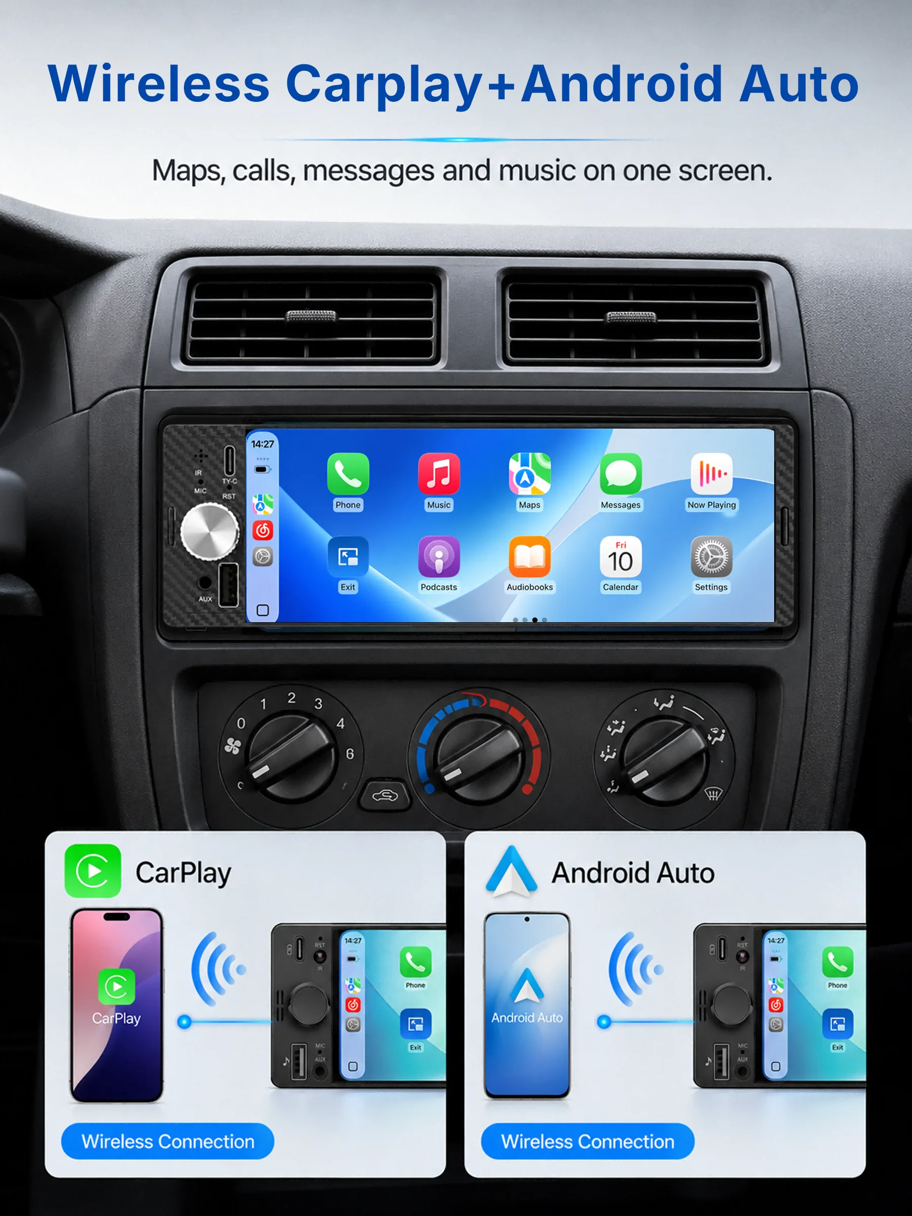 6.36 Inch 1Din Car Stereo Radio Wireless CarPlay Android Auto MP5 Player 1280x480 Touch Screen FM Multimedia Receiver