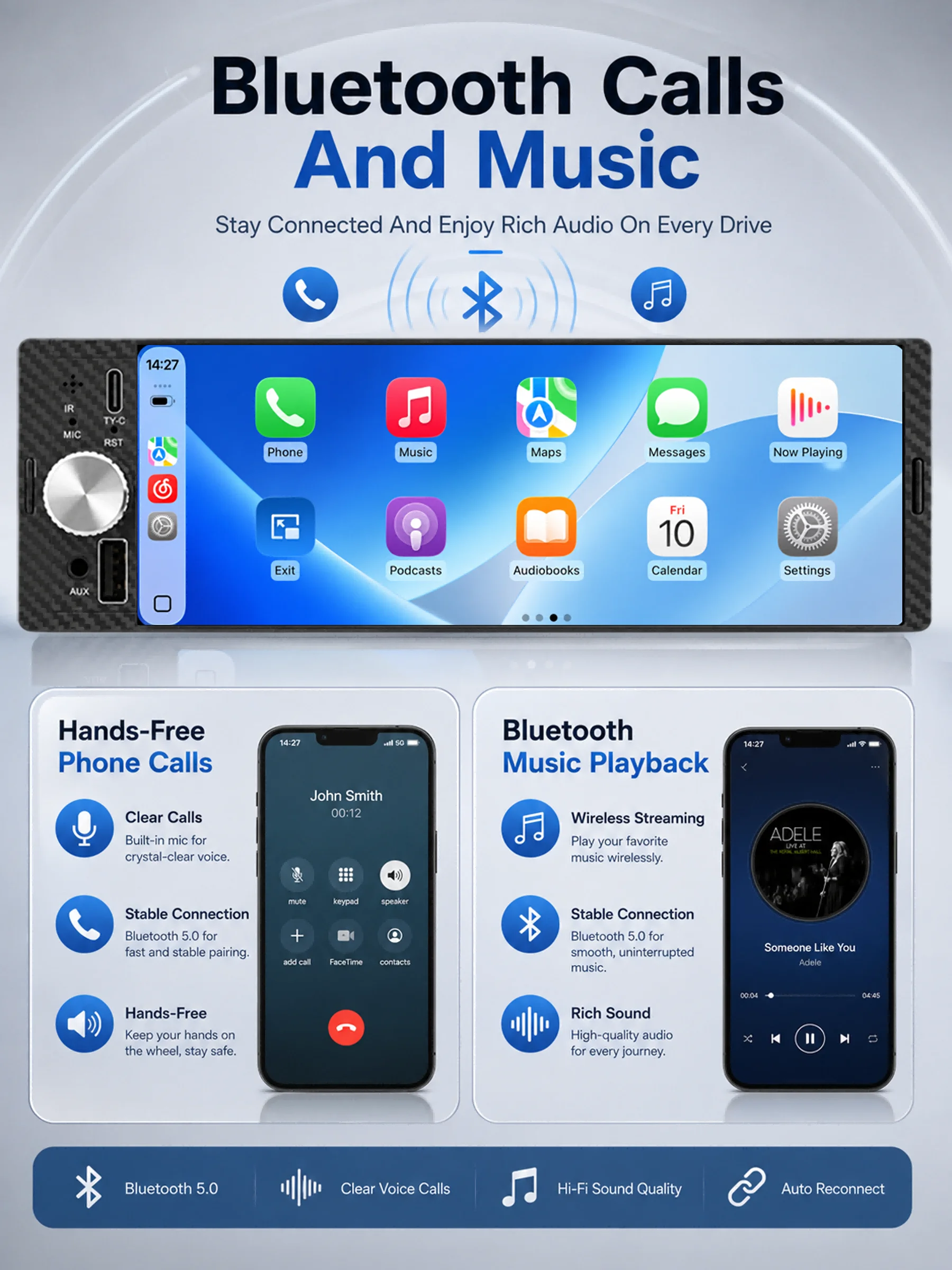 6.36 Inch 1Din Car Stereo Radio Wireless CarPlay Android Auto MP5 Player 1280x480 Touch Screen FM Multimedia Receiver