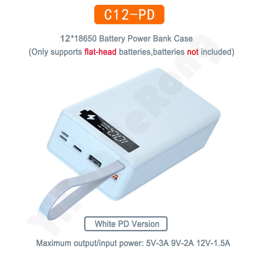12*18650 Battery Power Bank Case Charger Box Holder Dual USB LCD Display Support Quick & Wireless Charger Battery Shell Storage
