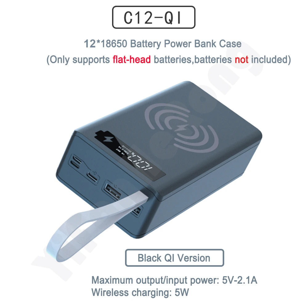 12*18650 Battery Power Bank Case Charger Box Holder Dual USB LCD Display Support Quick & Wireless Charger Battery Shell Storage