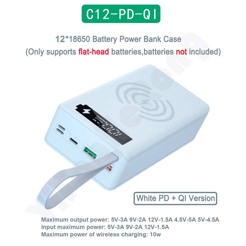 12*18650 Battery Power Bank Case Charger Box Holder Dual USB LCD Display Support Quick & Wireless Charger Battery Shell Storage