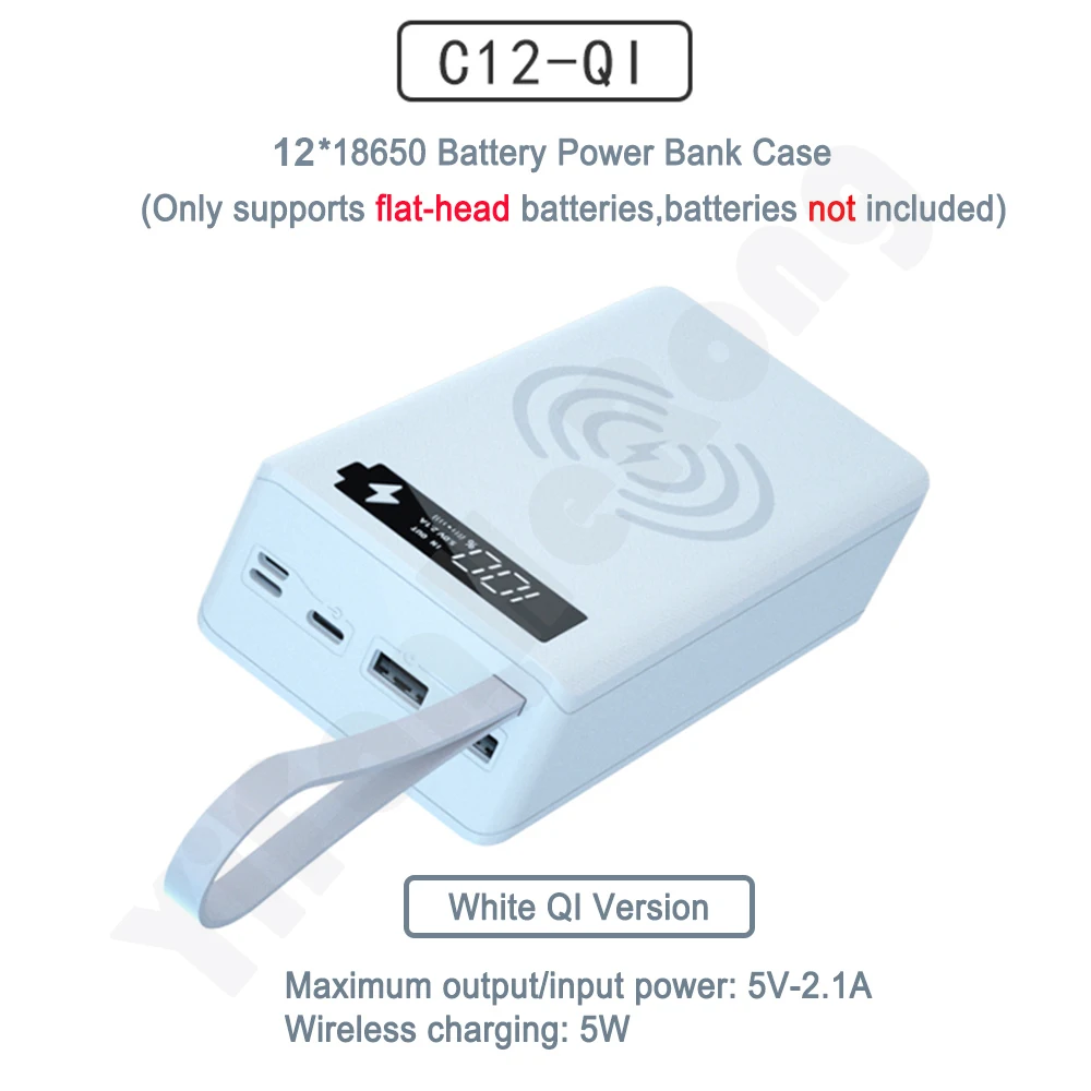 12*18650 Battery Power Bank Case Charger Box Holder Dual USB LCD Display Support Quick & Wireless Charger Battery Shell Storage