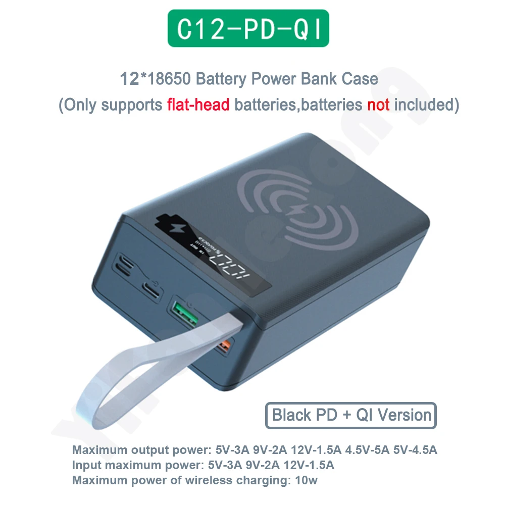 12*18650 Battery Power Bank Case Charger Box Holder Dual USB LCD Display Support Quick & Wireless Charger Battery Shell Storage