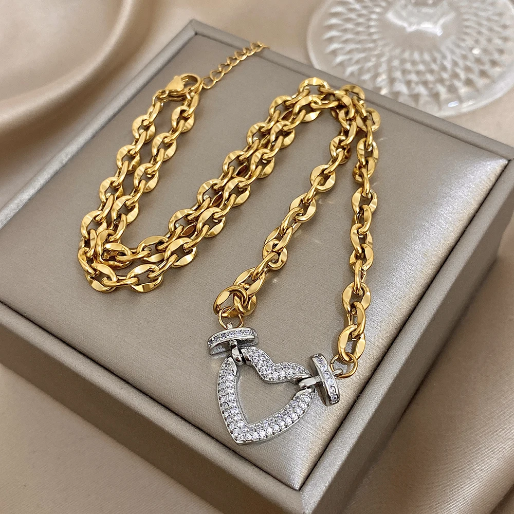 Full Zircon Lock & Heart Stainless Steel Charms Pendant Necklace for Women Men Chunky Punk Gold Plated Link Chain Necklaces