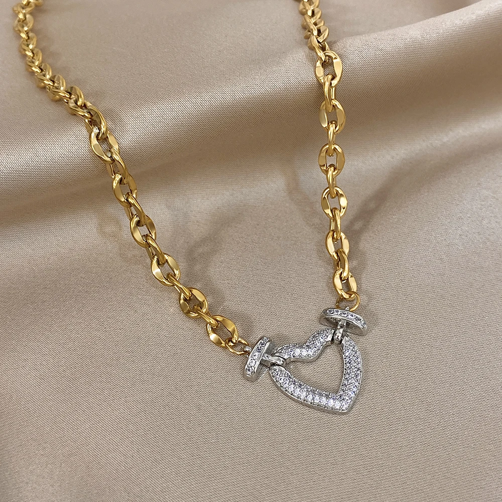 Full Zircon Lock & Heart Stainless Steel Charms Pendant Necklace for Women Men Chunky Punk Gold Plated Link Chain Necklaces