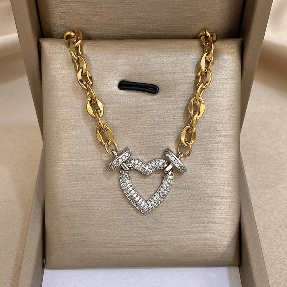 Full Zircon Lock & Heart Stainless Steel Charms Pendant Necklace for Women Men Chunky Punk Gold Plated Link Chain Necklaces