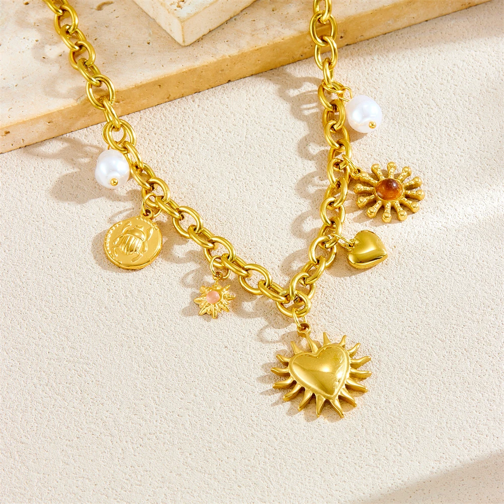 Stainless Steel Golden Summer Sun Heart Drop Necklace For Women Lady New Trend Waterproof Neck Chain Jewelry Gift