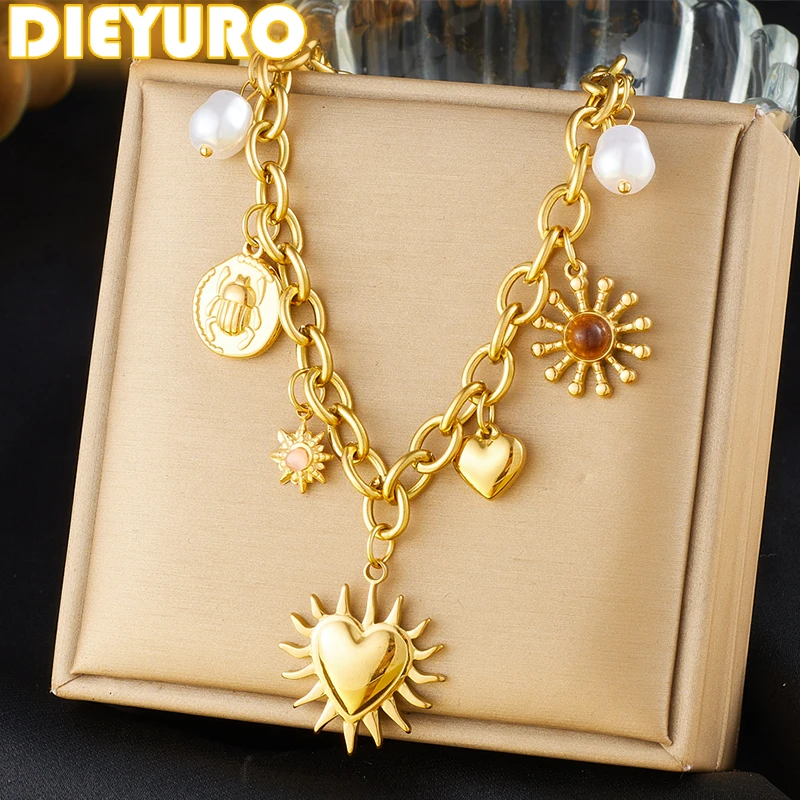 Stainless Steel Golden Summer Sun Heart Drop Necklace For Women Lady New Trend Waterproof Neck Chain Jewelry Gift