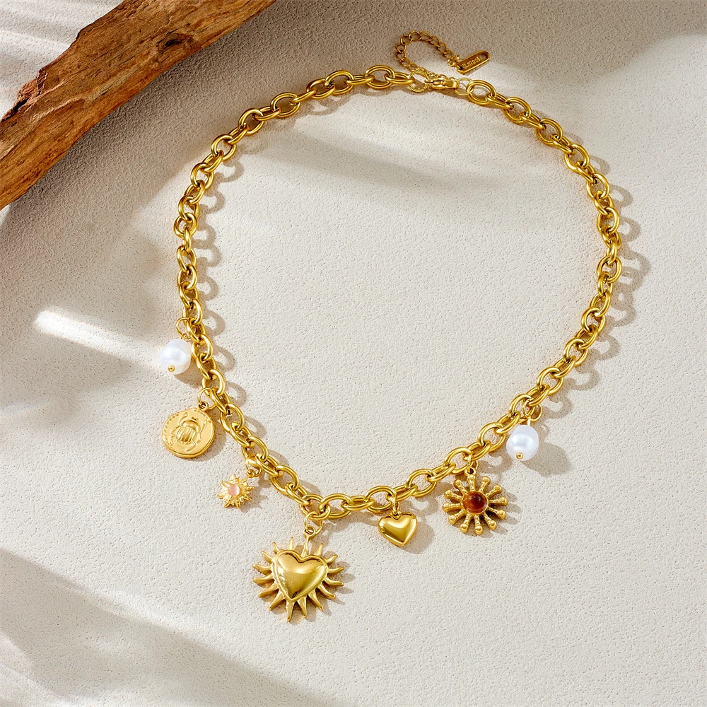 Stainless Steel Golden Summer Sun Heart Drop Necklace For Women Lady New Trend Waterproof Neck Chain Jewelry Gift