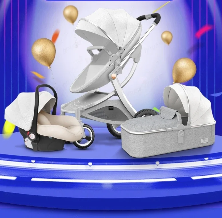 2024 New Baby Stroller 3 in 1with bassinet and car seat eggshell PU leather high quality luxury pram for newborn carriage