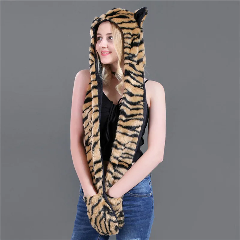 LaMaxPa Fashion Animal Women Scarf, Hat & Glove Sets 1Pcs Faux Fur Winter Warm Shawls and Wraps Hooded Fluffy Plush Dropshipping