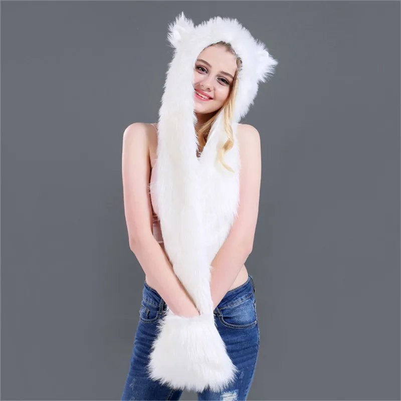 LaMaxPa Fashion Animal Women Scarf, Hat & Glove Sets 1Pcs Faux Fur Winter Warm Shawls and Wraps Hooded Fluffy Plush Dropshipping