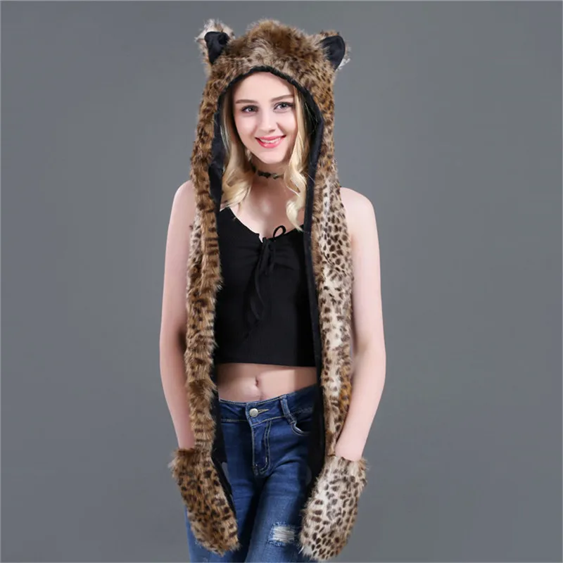 LaMaxPa Fashion Animal Women Scarf, Hat & Glove Sets 1Pcs Faux Fur Winter Warm Shawls and Wraps Hooded Fluffy Plush Dropshipping