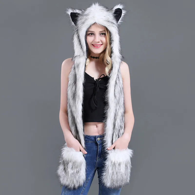 LaMaxPa Fashion Animal Women Scarf, Hat & Glove Sets 1Pcs Faux Fur Winter Warm Shawls and Wraps Hooded Fluffy Plush Dropshipping