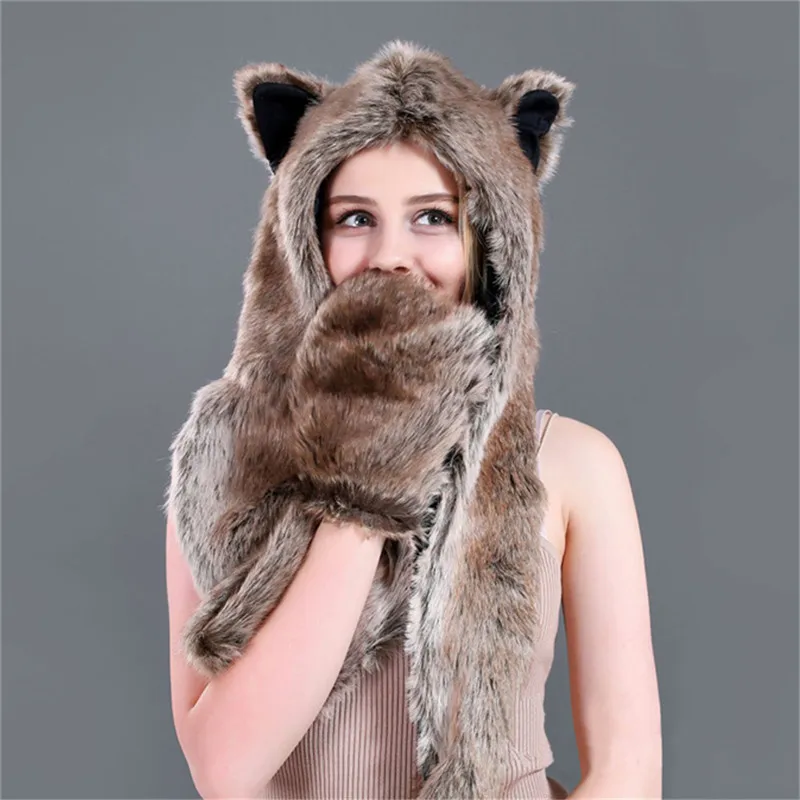 LaMaxPa Fashion Animal Women Scarf, Hat & Glove Sets 1Pcs Faux Fur Winter Warm Shawls and Wraps Hooded Fluffy Plush Dropshipping