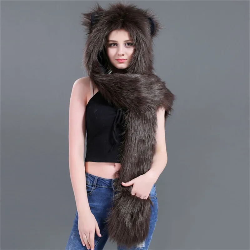 LaMaxPa Fashion Animal Women Scarf, Hat & Glove Sets 1Pcs Faux Fur Winter Warm Shawls and Wraps Hooded Fluffy Plush Dropshipping