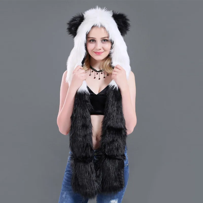 LaMaxPa Fashion Animal Women Scarf, Hat & Glove Sets 1Pcs Faux Fur Winter Warm Shawls and Wraps Hooded Fluffy Plush Dropshipping