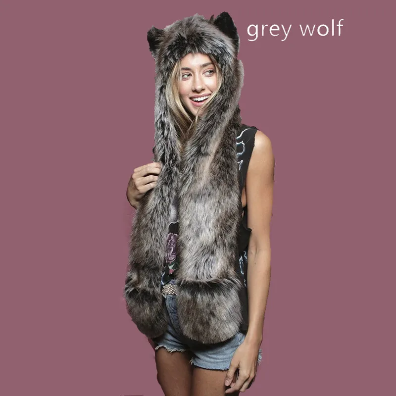 LaMaxPa Fashion Animal Women Scarf, Hat & Glove Sets 1Pcs Faux Fur Winter Warm Shawls and Wraps Hooded Fluffy Plush Dropshipping