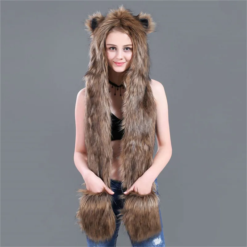 LaMaxPa Fashion Animal Women Scarf, Hat & Glove Sets 1Pcs Faux Fur Winter Warm Shawls and Wraps Hooded Fluffy Plush Dropshipping