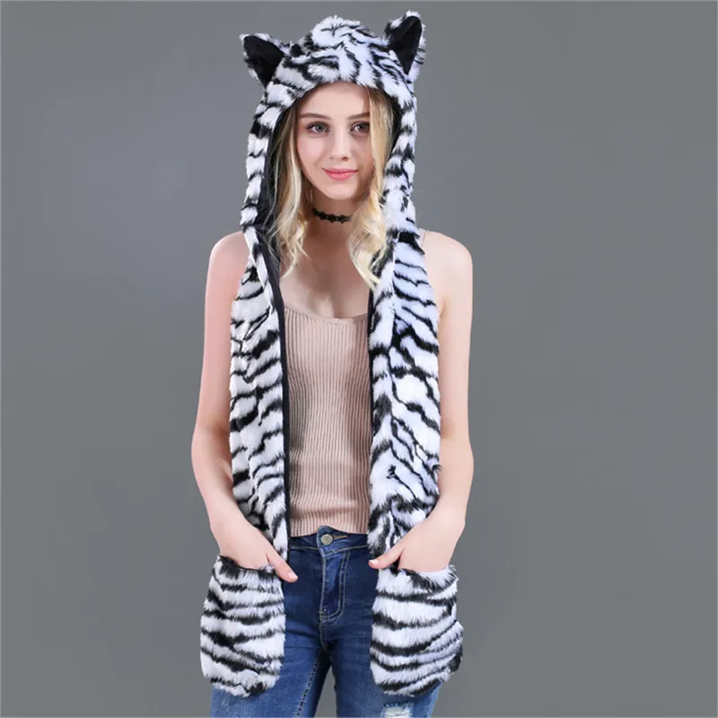 LaMaxPa Fashion Animal Women Scarf, Hat & Glove Sets 1Pcs Faux Fur Winter Warm Shawls and Wraps Hooded Fluffy Plush Dropshipping