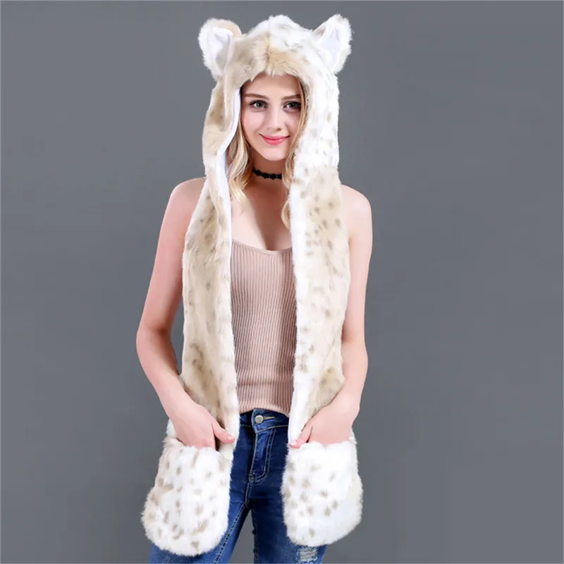 LaMaxPa Fashion Animal Women Scarf, Hat & Glove Sets 1Pcs Faux Fur Winter Warm Shawls and Wraps Hooded Fluffy Plush Dropshipping
