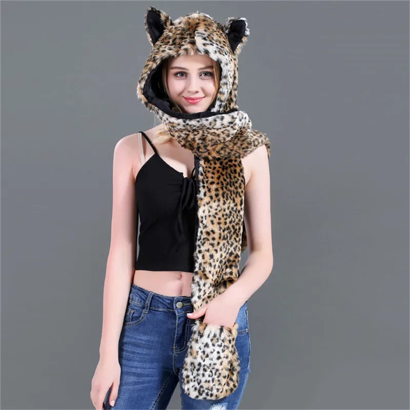 LaMaxPa Fashion Animal Women Scarf, Hat & Glove Sets 1Pcs Faux Fur Winter Warm Shawls and Wraps Hooded Fluffy Plush Dropshipping