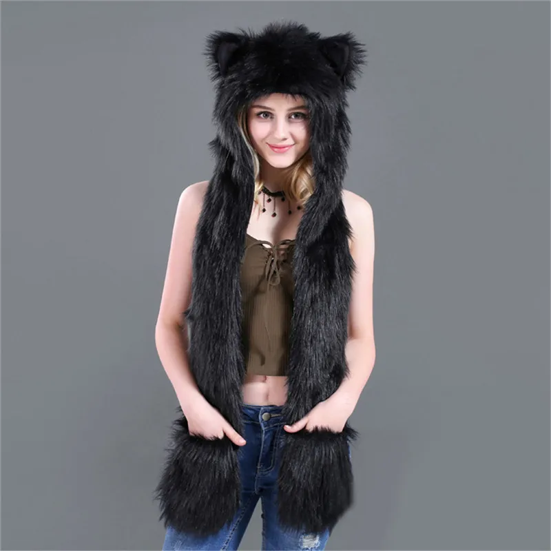 LaMaxPa Fashion Animal Women Scarf, Hat & Glove Sets 1Pcs Faux Fur Winter Warm Shawls and Wraps Hooded Fluffy Plush Dropshipping